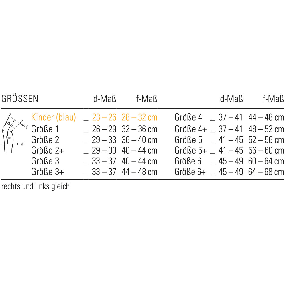Größentabelle zur Osgood-Schlatter Kniegelenkbandage mit Messpunkt und passenden Größen.