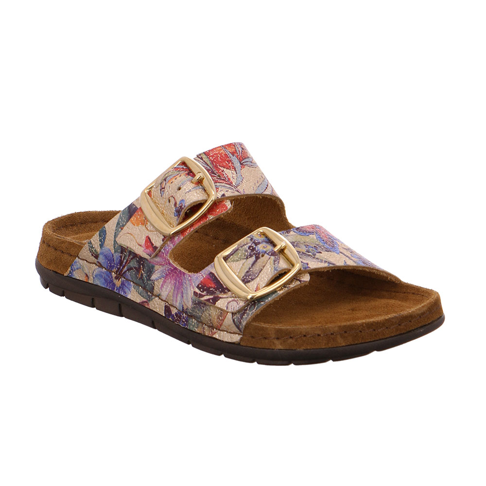Rohde Damen Pantolette mit zwei Riemen Gold-Flower schräg von vorne