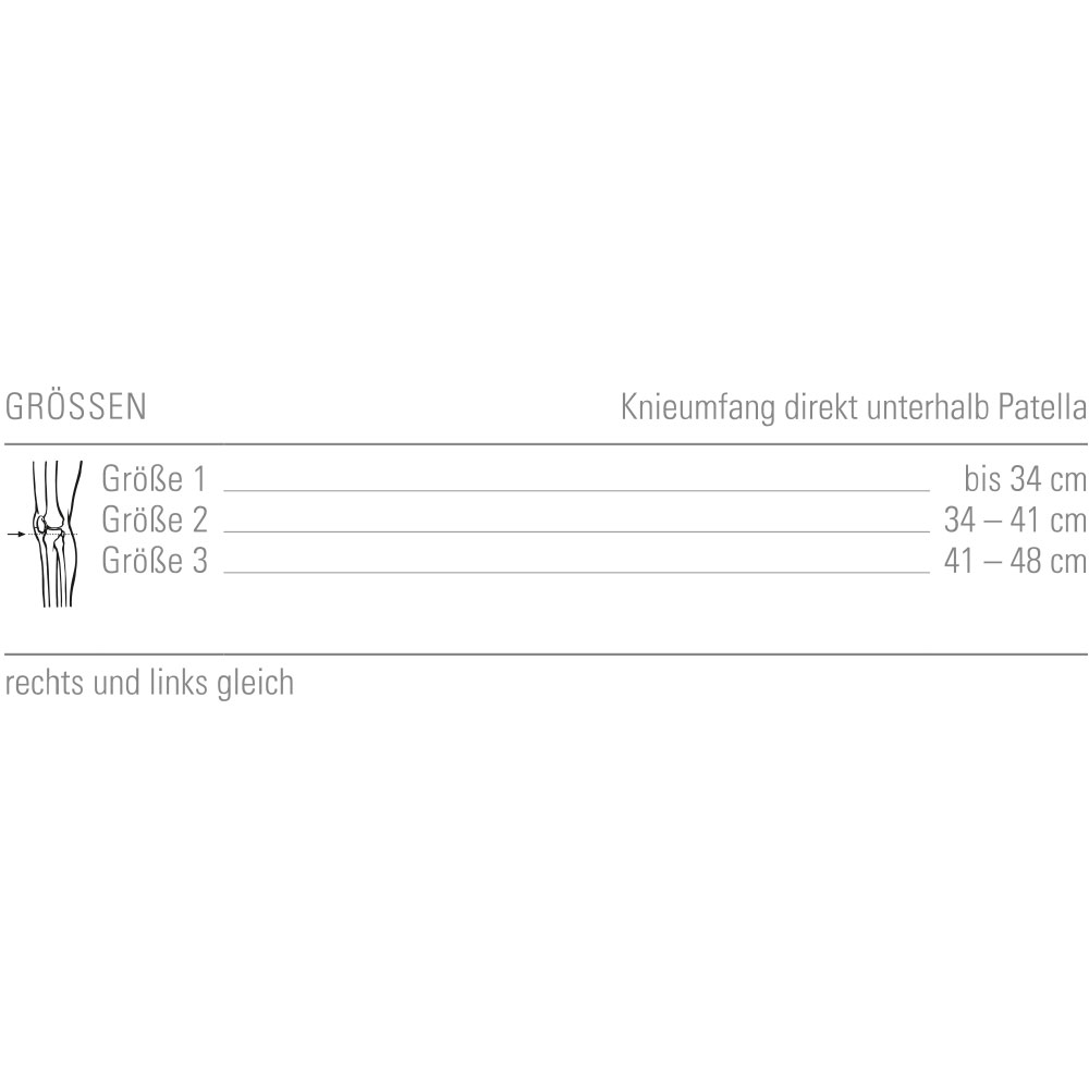 Größentabelle zum Patella-Sehnenband mit Messpunkt am Knie und passenden Größen.