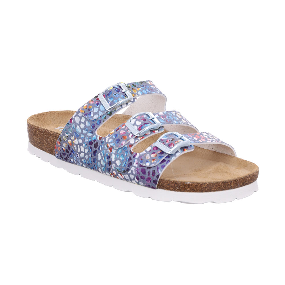 Rohde Damen Pantolette Alba mit drei Riemen Jeans-Multicolor Rohde Damen Pantolette Alba mit drei Riemen Jeans-Multicolor schräg von vorne