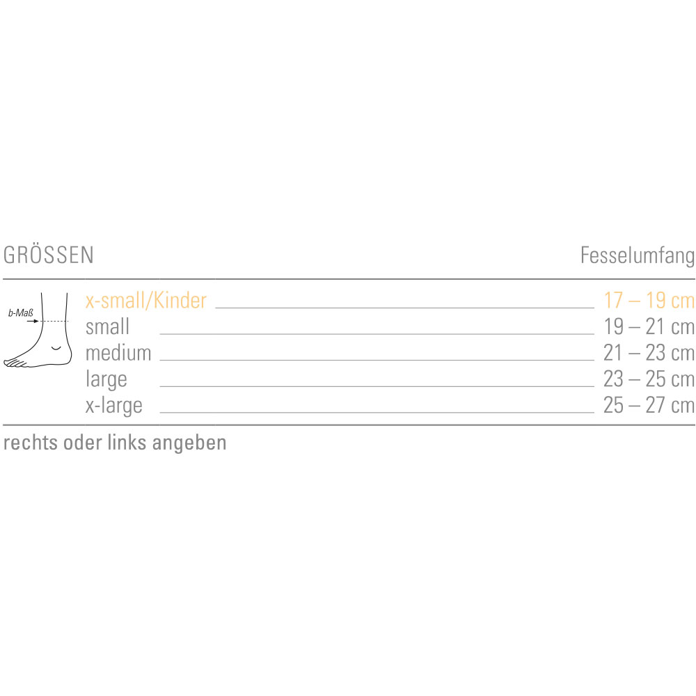 Größentabelle zur TaloFX Sprunggelenk-Soft-Orthese mit Messpunkt am Sprunggelenk und passenden Größen.