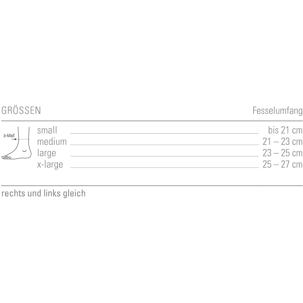 Größentabelle zur activemed Achillessehnenbandage mit Messpunkten am Fuß und passenden Größen.