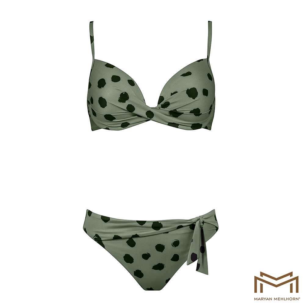 grün| Maryan Mehlhorn Credo Bügel-Bikini mit Soft-Schalen Olivgrün mit schwarzen Tupfen