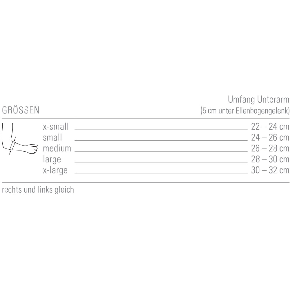 Größentabelle zur activemed Ellenbogenbandage mit Messpunkt am Ellenbogen und passenden Größen.