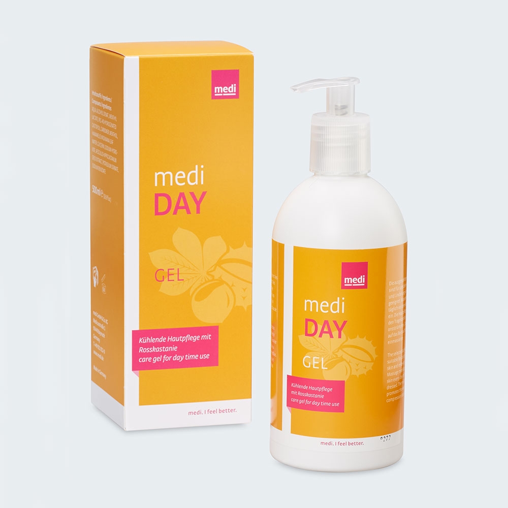 medi day kühlendes Pflegegel für die Haut, bereitet auf das Tragen der Kompressionsstrümpfe am Tag vor